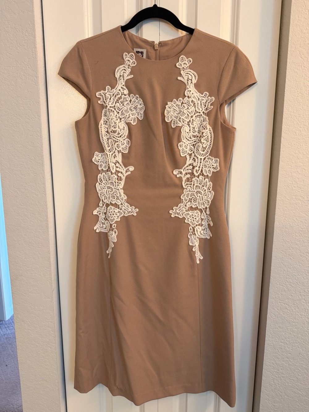 Anne Klein Taupe Dress with White Lace Appliqué